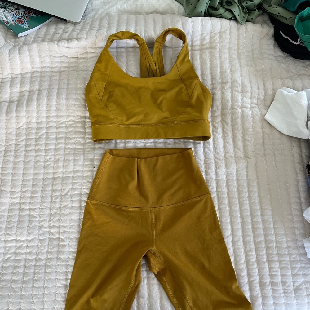 Mustard lululemon athletic bra and shorts set